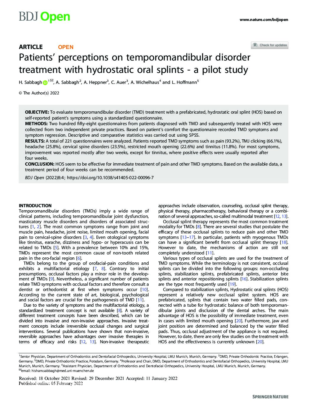 Patients’ perceptions on temporomandibular disorder treatment with hydrostatic oral splints – a pilot study